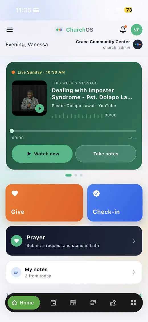 ChurchOS mobile home screen